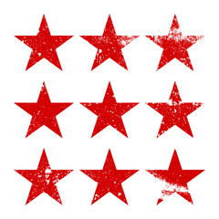 Red vintage stars with cracks and stains. Old hand-drawn sign, black simple shape. Retro design element with distressed effect, grunge texture. Vector illustration