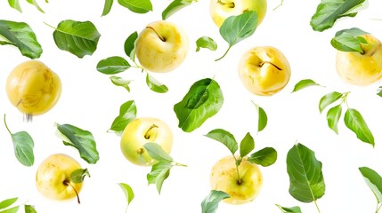 Sliced and whole apples with green leaves.