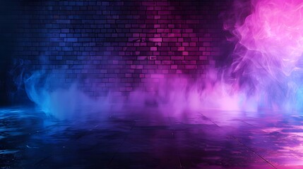 Abstract background with a brick wall, neon light and smoke. Dark room with a floor and empty space for product presentation. Background with blue, purple and pink colors in the style of different art