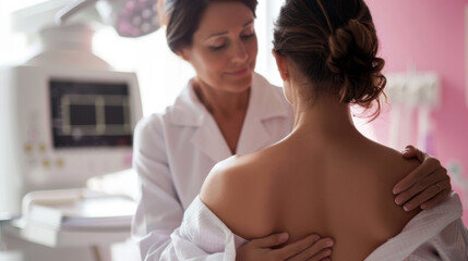 Woman at breast cancer prevention screening at hospital. Hardware examination of the breast. Mammography Day. Modern hospital with hi-tech machine. Female patient listening to doctor in medical office