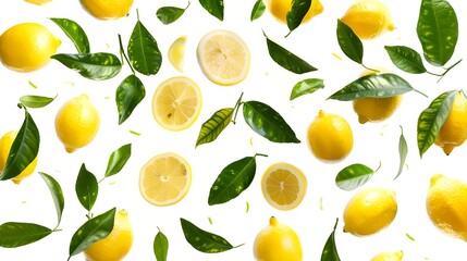 Assorted lemons and limes with green leaves.