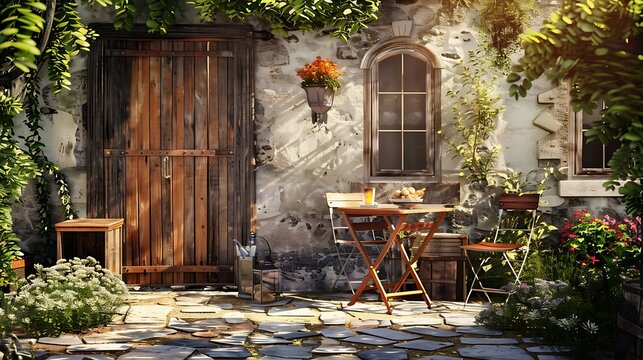 Fototapeta A quaint pretty garden scene with rustic patio furniture
