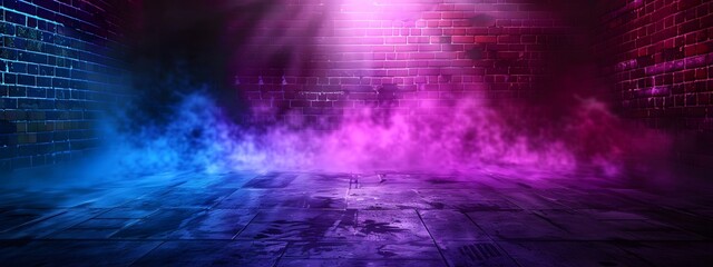 Abstract background with a brick wall, neon light and smoke. Dark room with a floor and empty space for product presentation. Background with blue, purple and pink colors in the style of different art