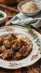 Delicious Filipino Food: Adobo chicken with herbs close-up on a plate on the table. AI generated illustration
