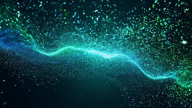A green and blue wave of light with a lot of sparkles. The sparkles are scattered all over the wave, giving it a dreamy and ethereal feel