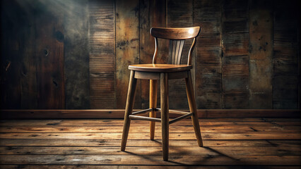 Rustic wood bar stool with worn finish and curved backrest sits alone on a distressed wood floor in a dimly lit, cozy atmosphere.