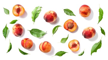 Mix of peaches and apricots with leaves.