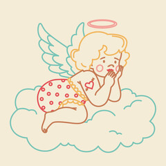 Cute baby cherub with wings flying on the cloud. Little cupid with heart and tattoo in trendy retro style. Romantic print, Valentine's day print.