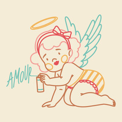 Cute flying baby cherub with wings. Little cupid making graffiti in retro style. Romantic print, Valentine's day print.