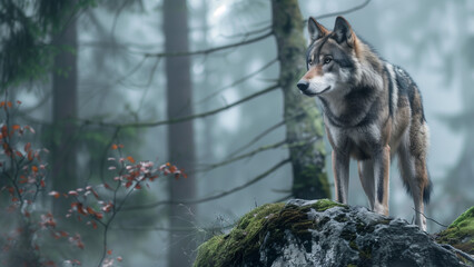 Wolf by the Rock in a Mossy Forest