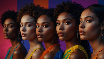 Fototapeta premium Diversity group of people stylish portraits of group of people on multicolored background in neon light