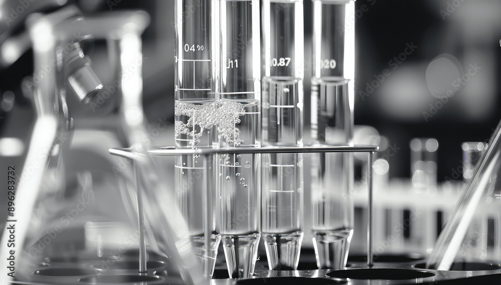 Poster black and white close-up of laboratory glassware with measuring scales, beakers, test tubes, and a g