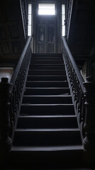 dark staircase in an abandoned building with