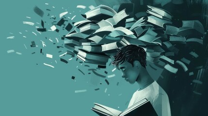 Dyslexia Awareness Month. Boy with eyes closed, books flying above his head, blue background. Horizontal banner. Copy space. Dysgraphia, dyslexia and learning difficulties concept. ADHD Back to school