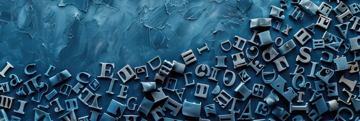 Dyslexia Awareness Month. Many different mixed letters on a blue background. Horizontal banner. Copy space. Dysgraphia, dyslexia and learning difficulties concept. ADHD. Back to school