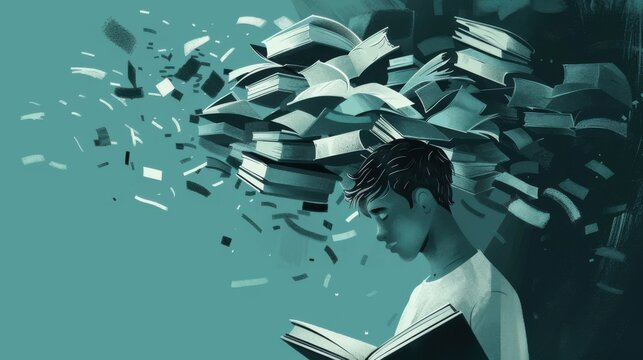 Dyslexia Awareness Month. Boy with eyes closed, books flying above his head, blue background. Horizontal banner. Copy space. Dysgraphia, dyslexia and learning difficulties concept. ADHD Back to school