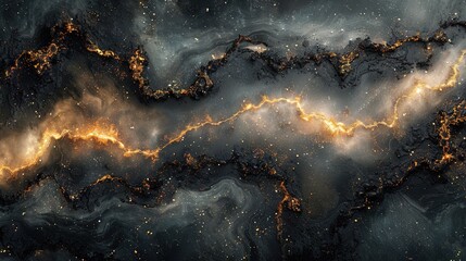  A black-and-gold swirl with stars at its center forms the image's focal point, surrounded by another black-and-gold swirl