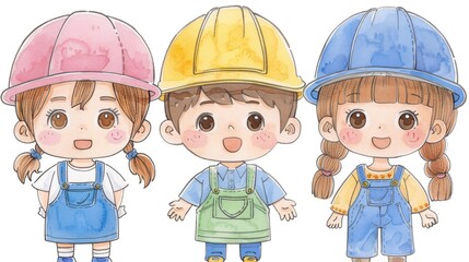 Three children wearing hard hats and blue overalls