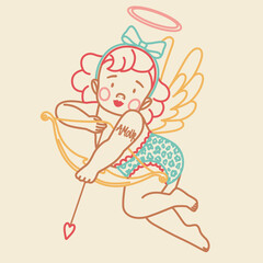 Cute flying baby cherub with wings, bow, arrow, hearts. Little cupid with heart and tattoo in trendy retro style. Romantic print, Valentine's day print.