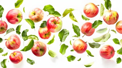 Apples and pears with green leaves dynamically scattered on a white background.