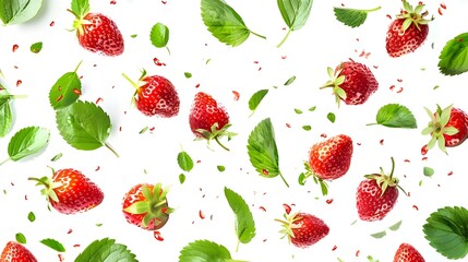 Fresh strawberries and basil leaves in a dynamic water splash on a white background.