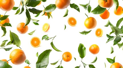 A colorful display of various citrus fruits interspersed with green leaves on a white background.