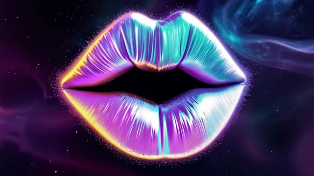 A colorful, glowing, and stylized lip is the main focus of this image. The lips are painted in a variety of colors, including purple, blue, and green