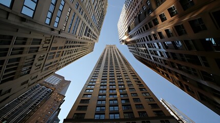Naklejka premium Stark vertical lines of skyscrapers leading the eye upwards, framed against a clear sky.