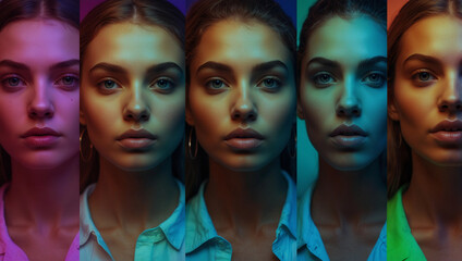 Obraz premium Diversity group of people stylish portraits of group of people on multicolored background in neon light