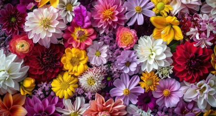 A vibrant mix of various types and colors of dahlia, chrysanthemum, rose petals, violet blossoms, yellow tulips, purple lilies, and white gerbera flowers Generative AI