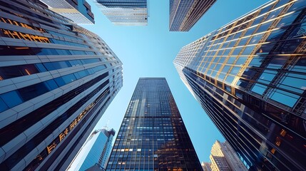 Looking directly up between narrow glass skyscrapers converging against a blue sky.