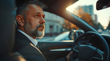 A professional driver is waiting for a businessman to get into the car for a ride to the airport or another destination.