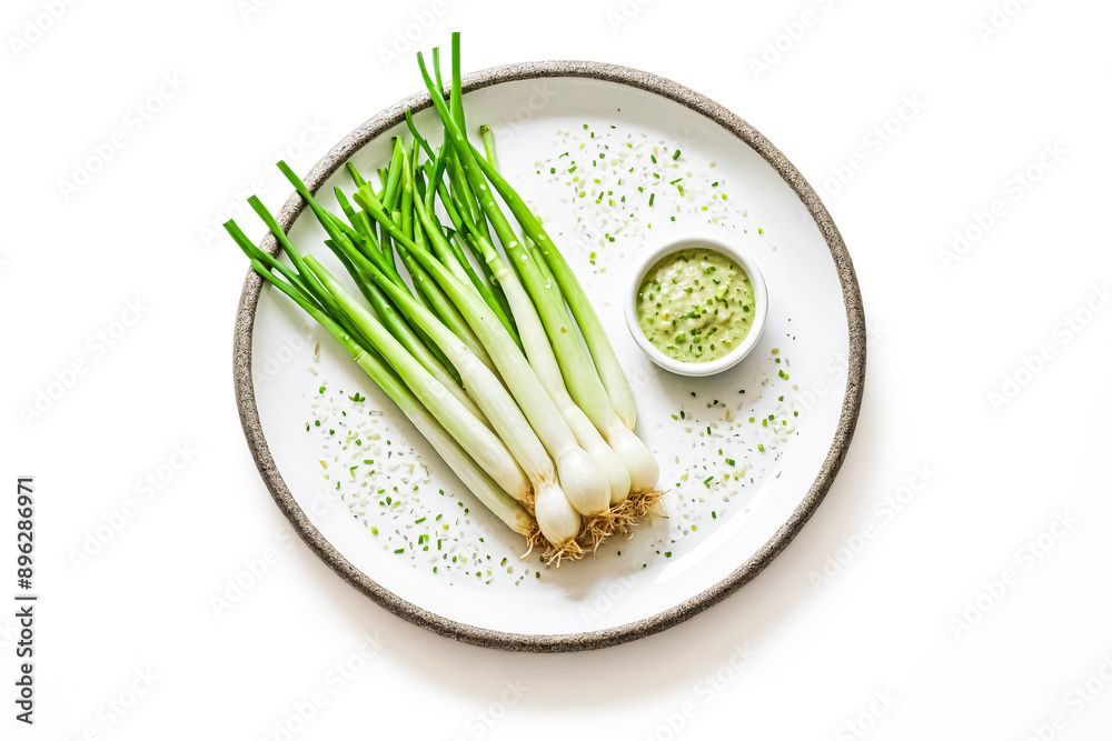 Sticker Green onions and green sauce on a white plate