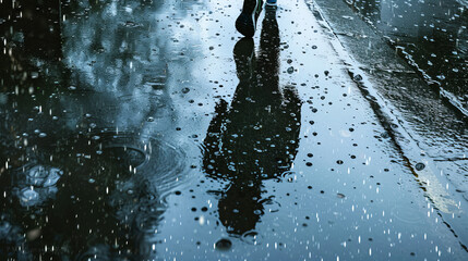 A runner jogs in the rain, captured from below. There is plenty of empty space in the image.
