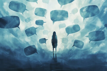 Silhouette of a woman amidst blue speech bubbles, depicting communication and the feeling of solitude, concept for mental health or social interaction