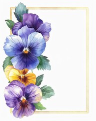 Beautiful floral border with vibrant pansy flowers and green leaves on a white background, perfect for invitations or greeting cards.