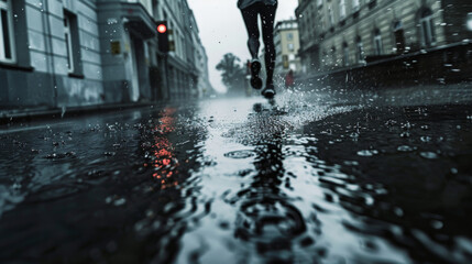Obraz premium A runner jogs in the rain, captured from below. There is plenty of empty space in the image.