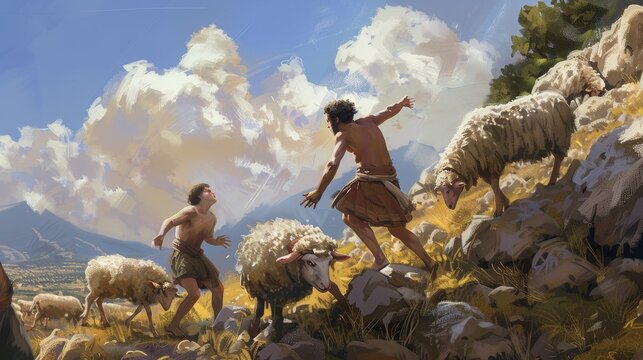 Cain and Abel with sheep, Religious concept of Sibling Rivalry.