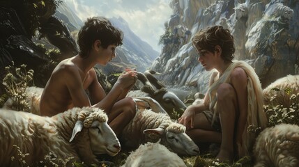 Cain and Abel with sheep, Religious concept of Sibling Rivalry.