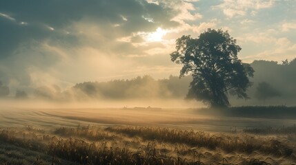 A foggy field with a lonely tree shrouded in fog in cloudy weather. German landscapes.