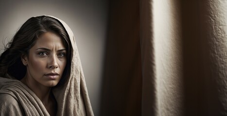 A brilliantly dramatic portrait photograph showcases a Christian woman. With an unwavering expression and resolute demeanor, she embodies an enduring faith, triumphantly standing strong amidst adversi