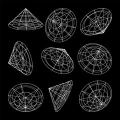 Wireframe lined shapes. Perspective mesh, 3d grid. Low poly geometric elements. Retro futuristic design elements, y2k, vaporwave and synthwave style. Vector illustration