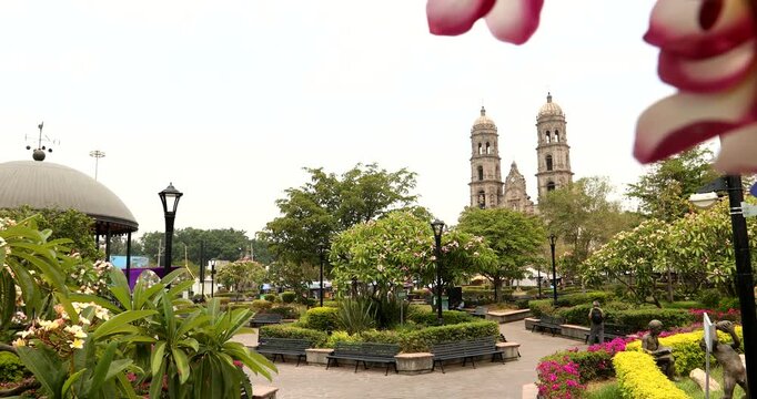 Morning flower framed view of central plaza of downtown Zapopan, Jalisco, Mexico.