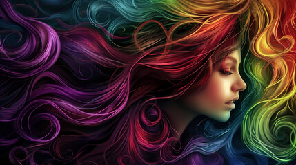 Woman with rainbow gradient curly hair