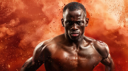 Muscular man poses in front of an orange and red background of smoke and dust