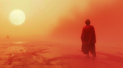 A man in a red robe walks across a desert with a large orange moon in the background. The scene is surreal and mysterious, with the man appearing to be the only living being in the vast.