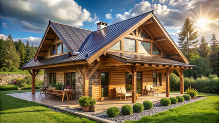 Rustic wooden country house roof insulated with eco-friendly thermal safe materials, showcasing a creative concept for a sustainable and energy-efficient home.