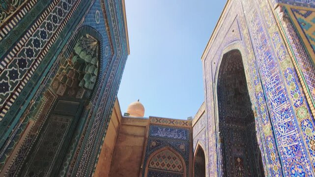 Samarkand, Uzbekistan - 10th october, 2023: Shah-i Zinda - stunning necropolis, one of the most renowned sites in Samarkand, showcases rich tile work and history dating back to the 14th century