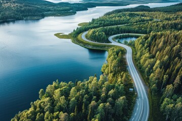 Aerial View of Winding Road and Lake