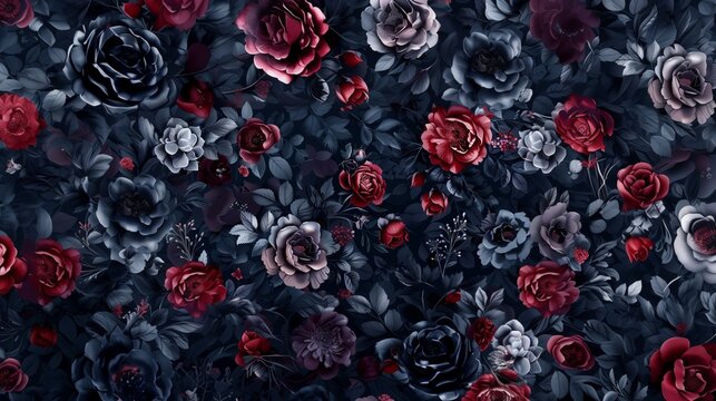 Dark floral seamless pattern on a background of deep tones, navy blue, burgundy and black look elegant and romantic